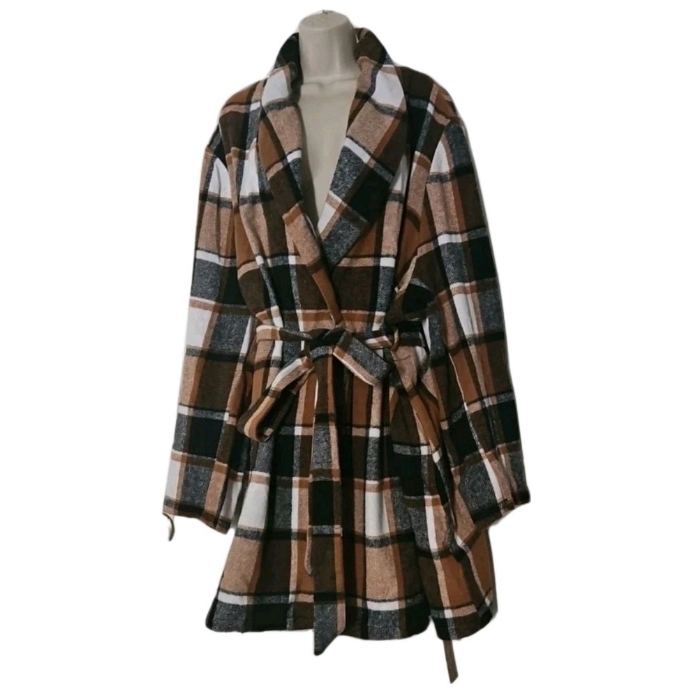 New BloomChic Women's Plus Sz 30 (6XL) Contrast Plaid Lapel Collar Belted Coat‎